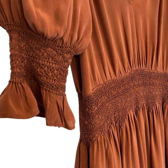 LOVE SAM Blixen Smocked Dress  Sz S 100% Silk Cognac Brown Ruffles Boho Cowgirl - Picture 7 of 14